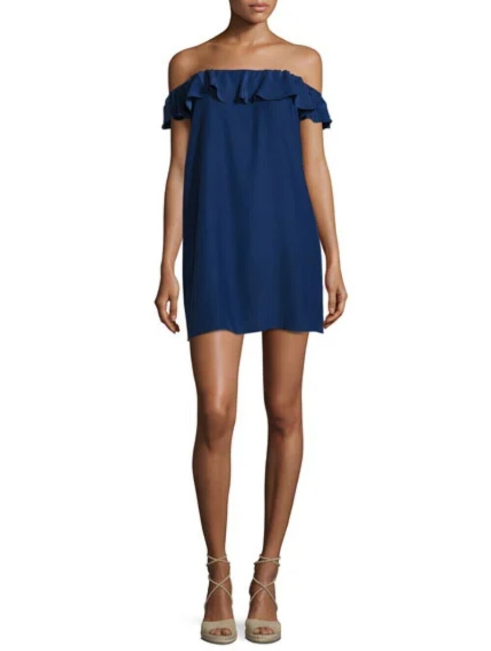 Amanda Uprichard Joanna 100% Silk Navy Off Shoulder Light Weight Mini Dress S